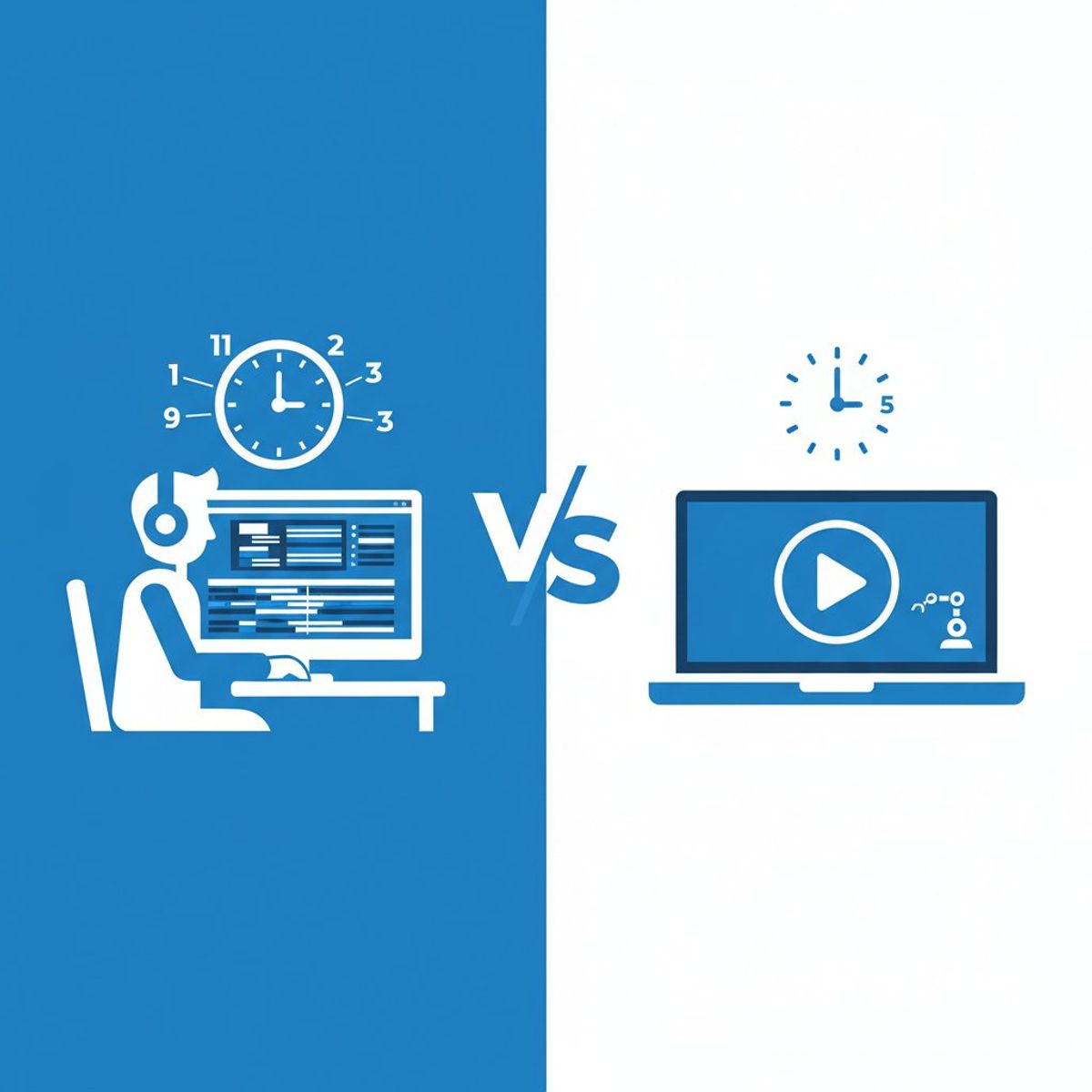 Comparison illustration of freelance video editor workflow versus AI video generator showing time difference