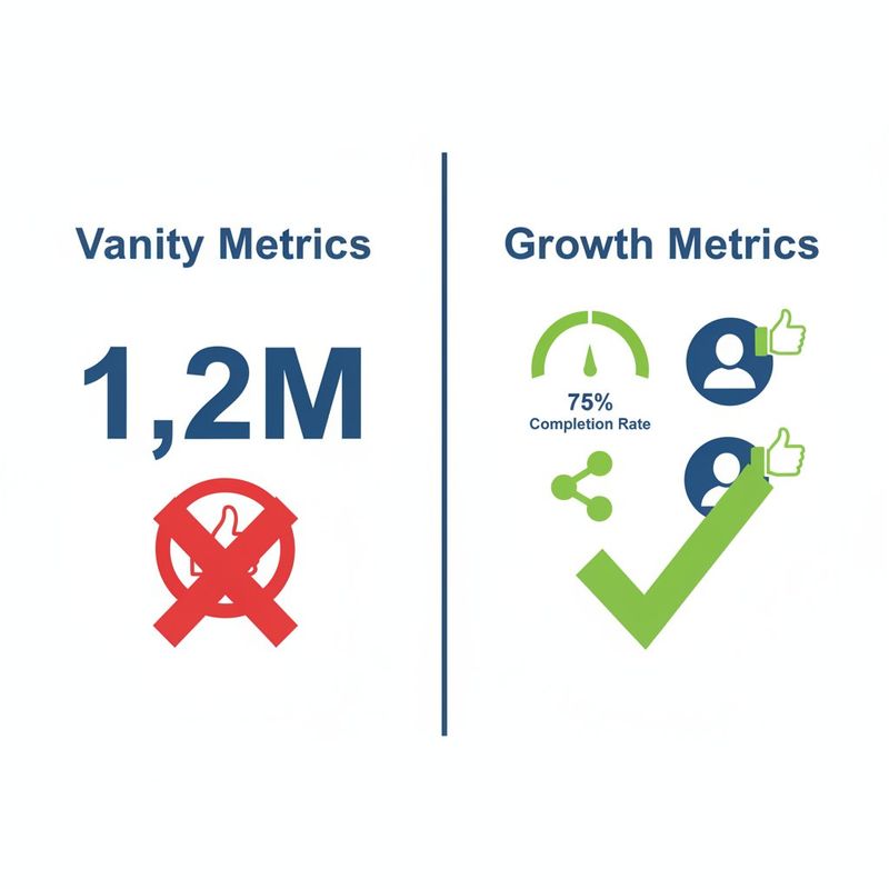 Comparison of vanity metrics like views versus growth metrics like completion rate and shares