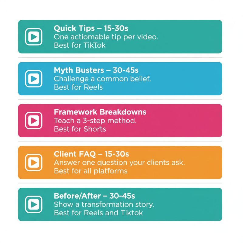 Five video format cards for coaching content: quick tips, myth busters, framework breakdowns, client FAQ, and before/after transformations