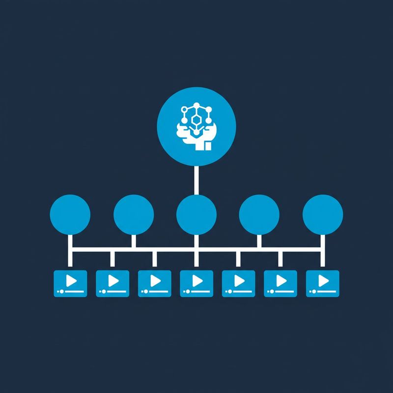 Tree diagram showing one expertise pillar branching into sub-topics and then into individual video content angles