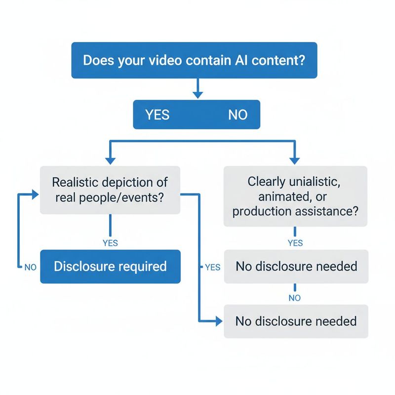 Flowchart showing when YouTube requires synthetic content disclosure for AI-generated videos