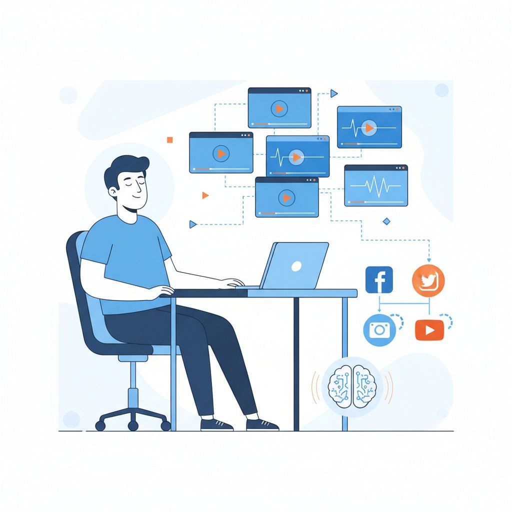 Illustration of a creator using AI to distribute video content across multiple platforms simultaneously