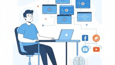 Illustration of a creator using AI to distribute video content across multiple platforms simultaneously