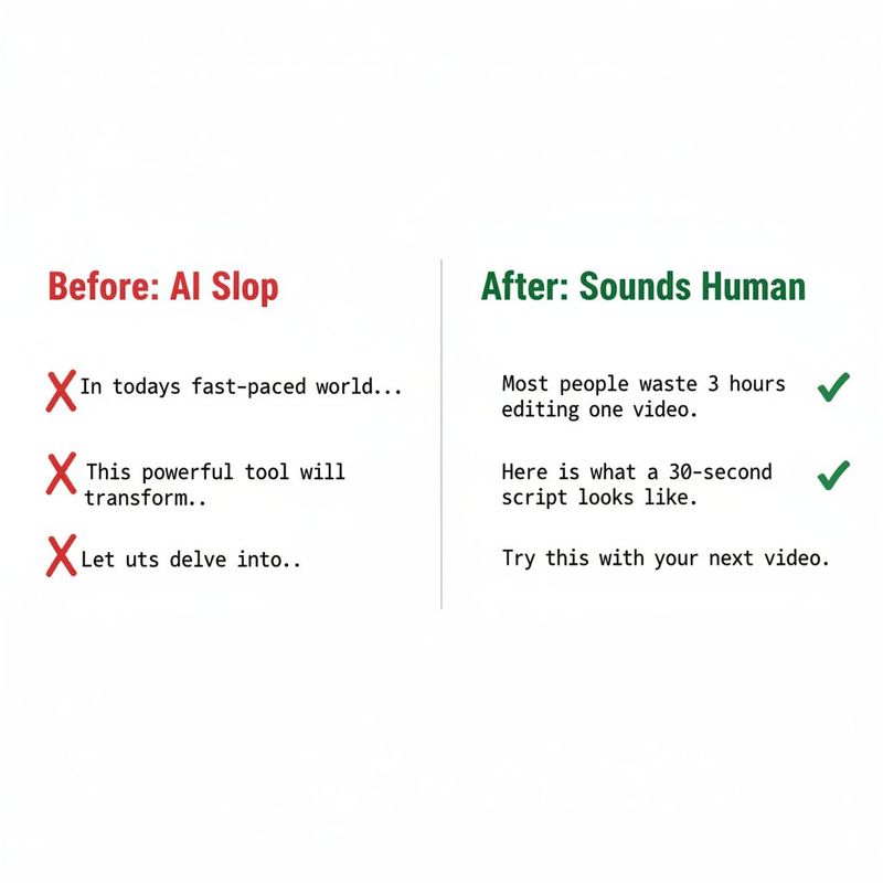 Before and after comparison of AI-generated video script showing robotic AI slop versus natural human-sounding rewrite