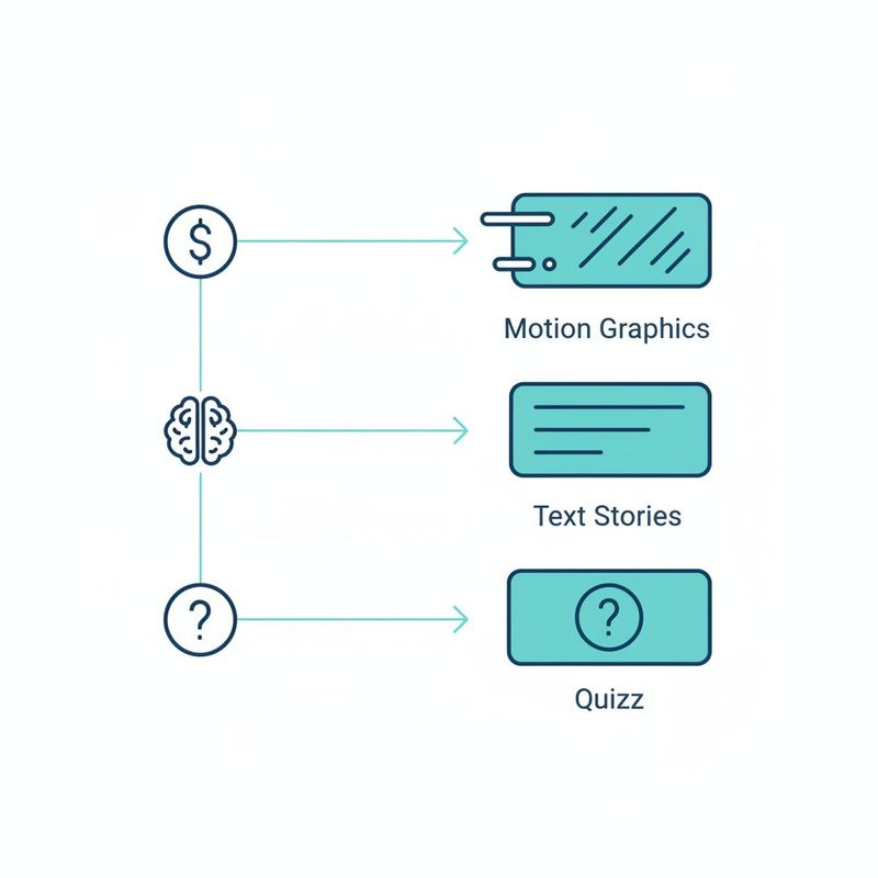 Diagram mapping faceless video niches to their best-performing video formats including motion graphics, text stories, and quizzes