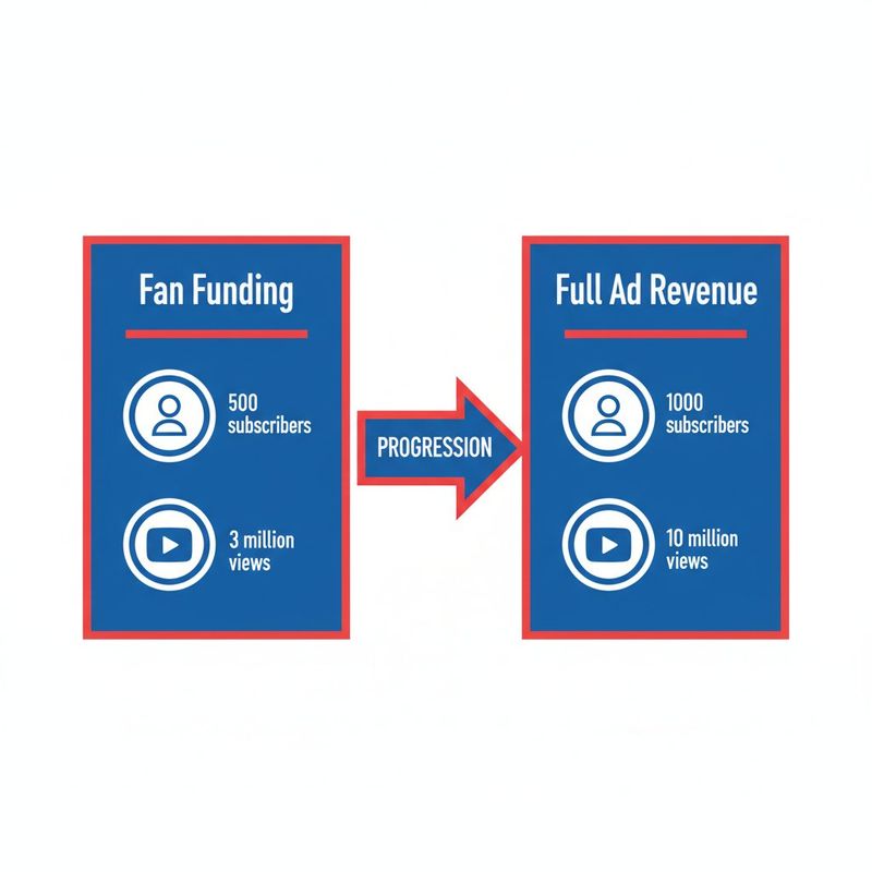 Infographic comparing YouTube Partner Programme fan funding tier versus full ad revenue tier requirements for Shorts creators