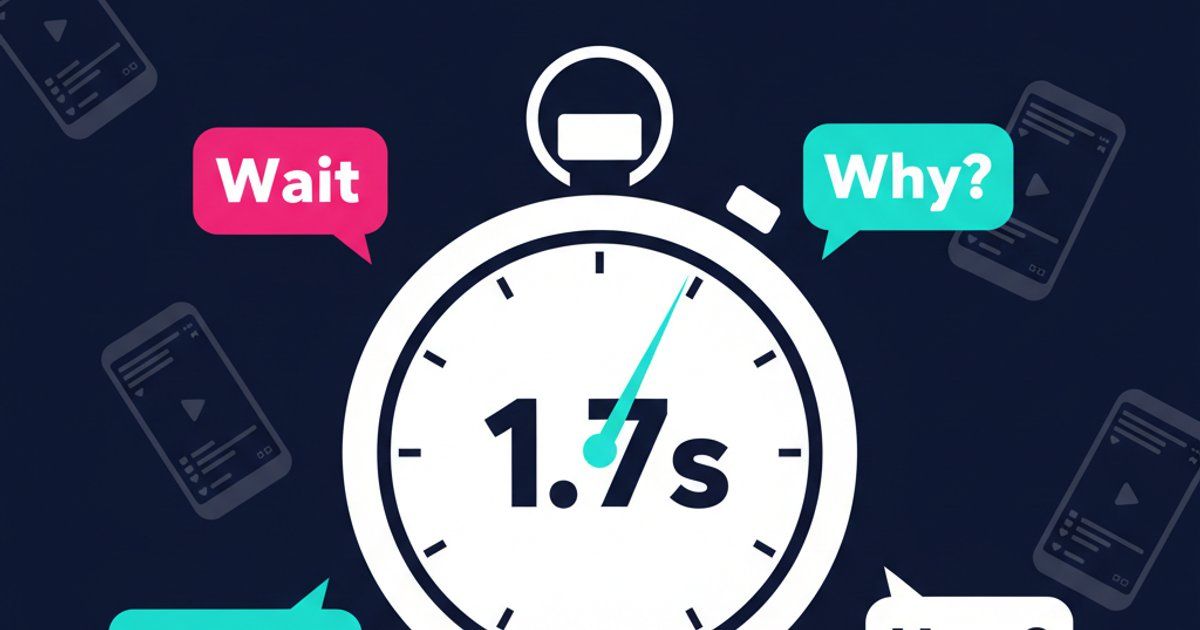 Illustration of a stopwatch at 1.7 seconds surrounded by speech bubbles representing video hook types for short-form content