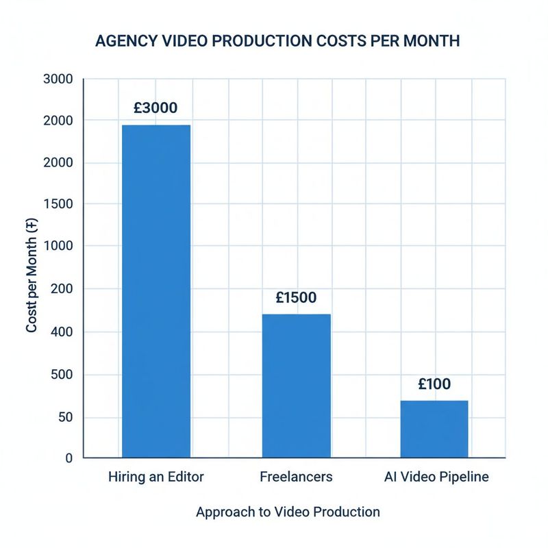 Bar chart comparing monthly costs of hiring editors versus freelancers versus AI video tools for agency video production