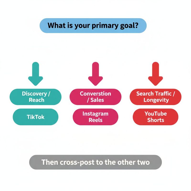 Decision flowchart for choosing between TikTok, Reels, and Shorts based on primary goal: discovery, conversion, or search traffic