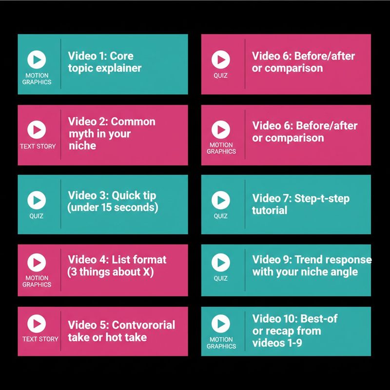 Numbered strategy showing the first 10 videos to post on a new faceless TikTok account with format types and content angles