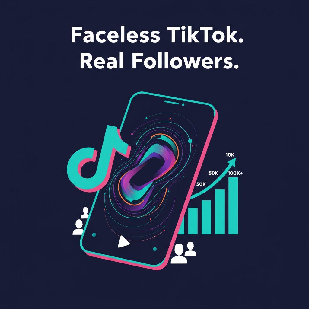 Illustration of a faceless TikTok account with motion graphics video on phone screen and upward-trending follower growth graph