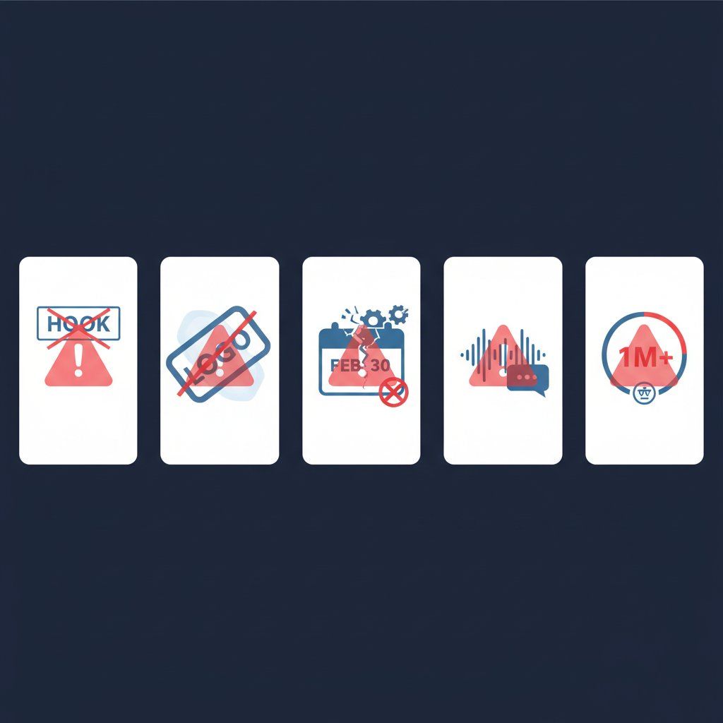 Five short-form video mistakes illustrated as warning icons on video thumbnails