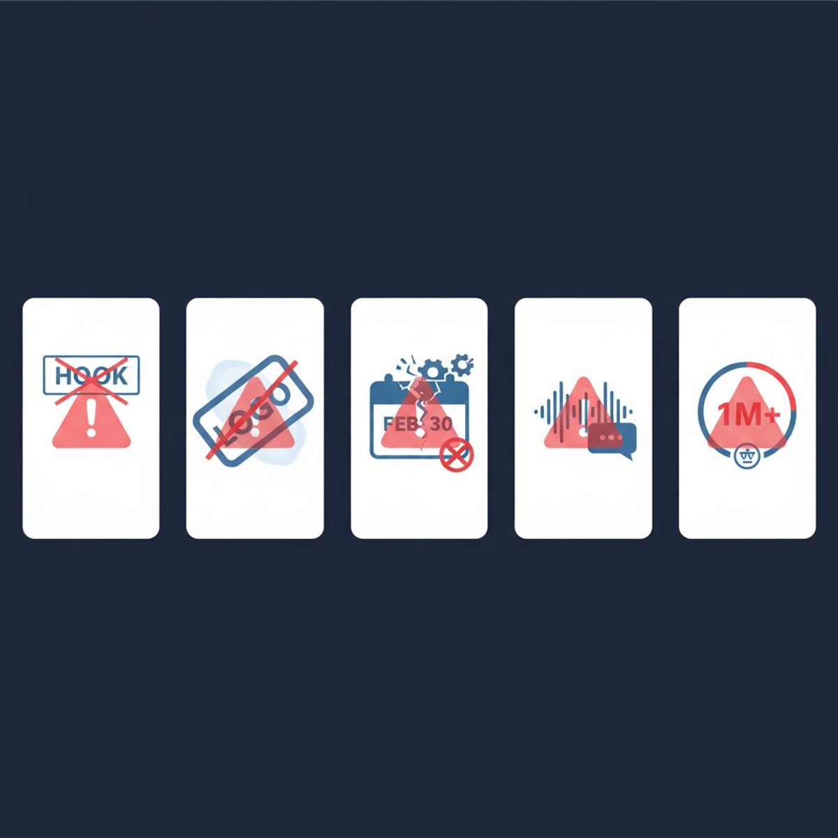 Five short-form video mistakes illustrated as warning icons on video thumbnails