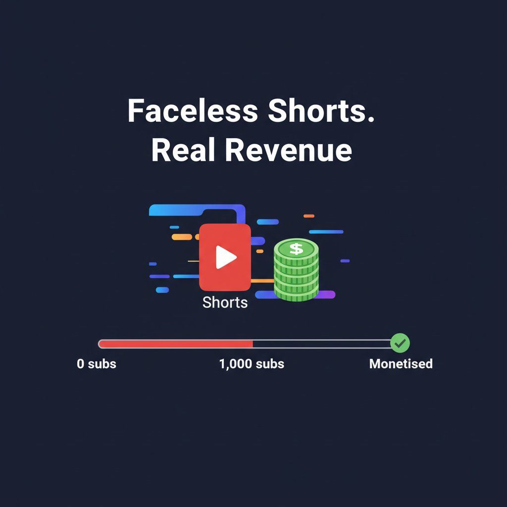 Illustration of a faceless YouTube Shorts channel with monetisation progress bar from zero subscribers to YouTube Partner Programme approval