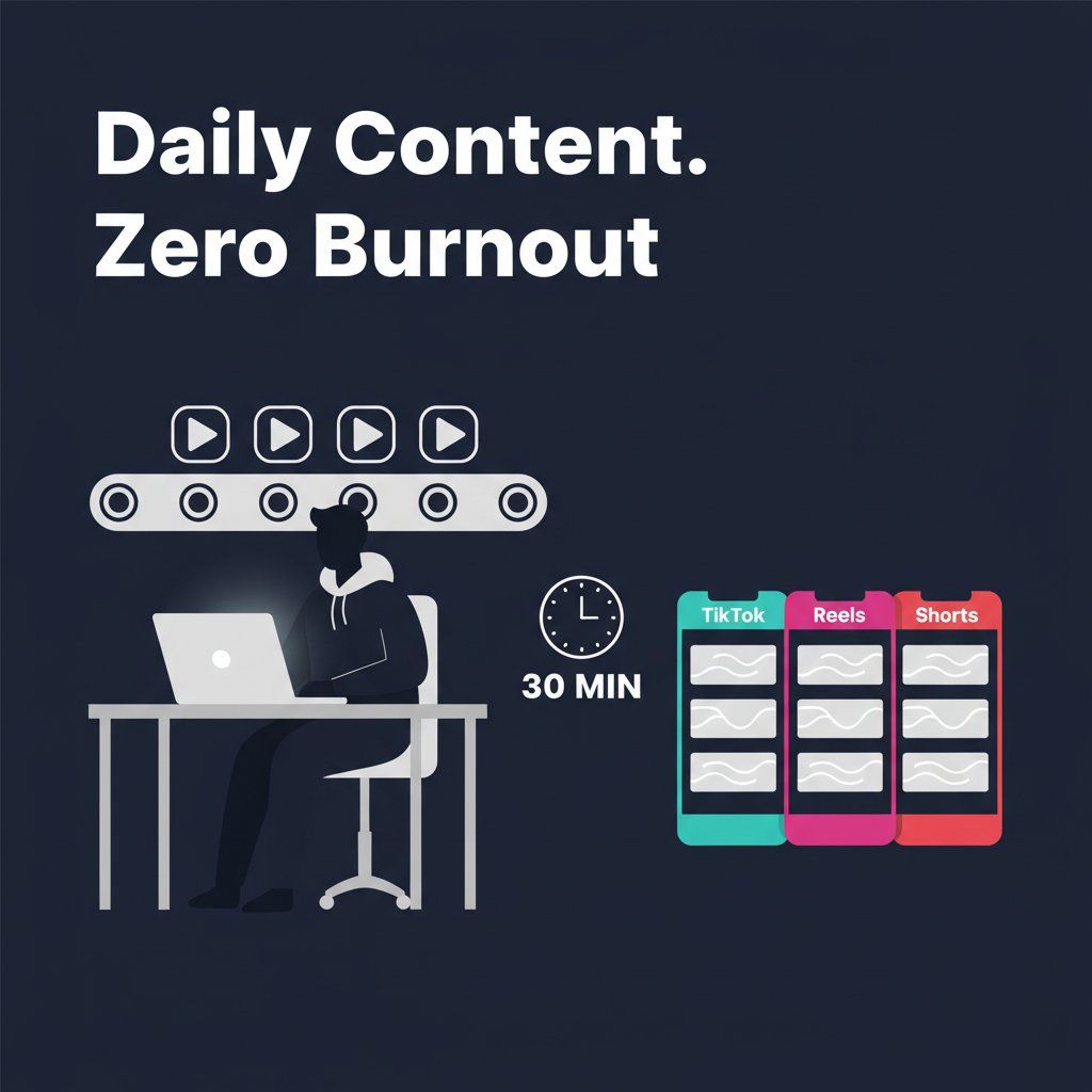 Illustration of a coach producing seven AI-generated videos in 30 minutes for TikTok, Instagram Reels, and YouTube Shorts