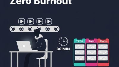 Illustration of a coach producing seven AI-generated videos in 30 minutes for TikTok, Instagram Reels, and YouTube Shorts