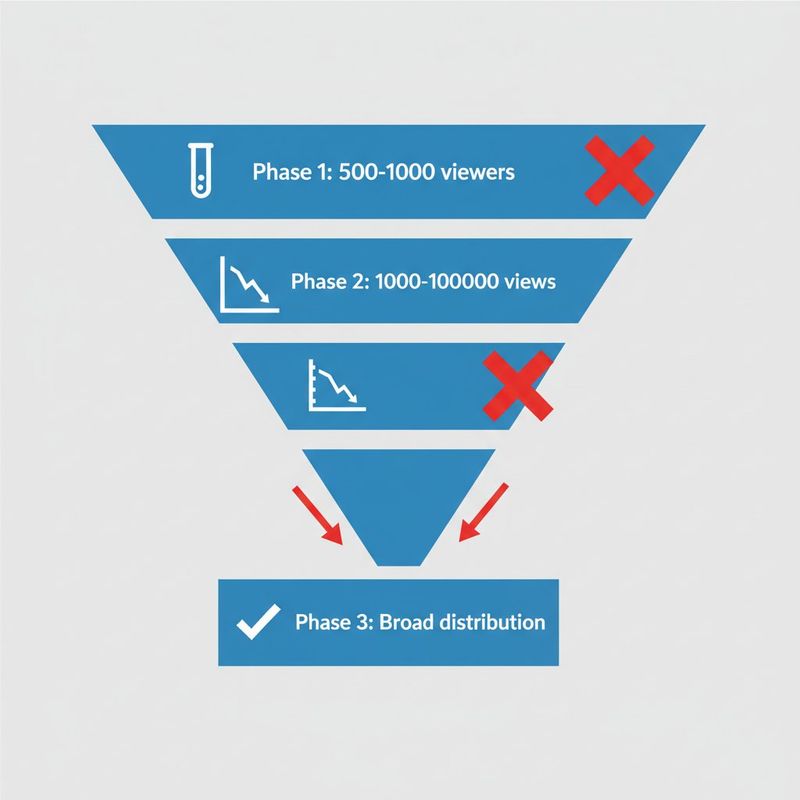 Algorithm distribution funnel showing where most short-form videos fail at Phase 1 and Phase 2