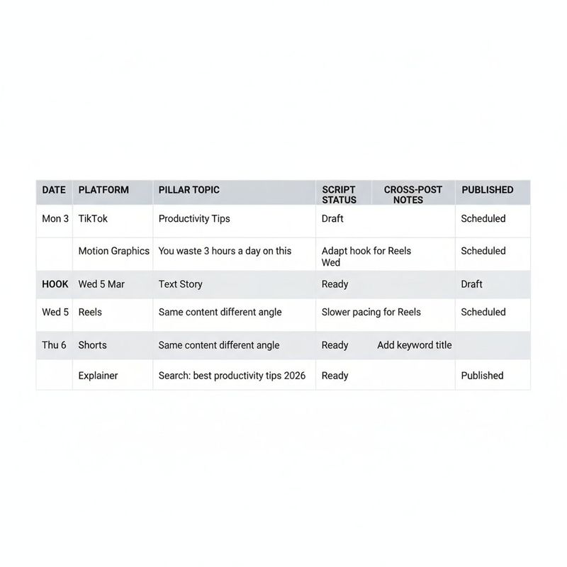 Spreadsheet template for short-form video content calendar with columns for date, platform, pillar topic, format, hook, script status, cross-post notes, and published status