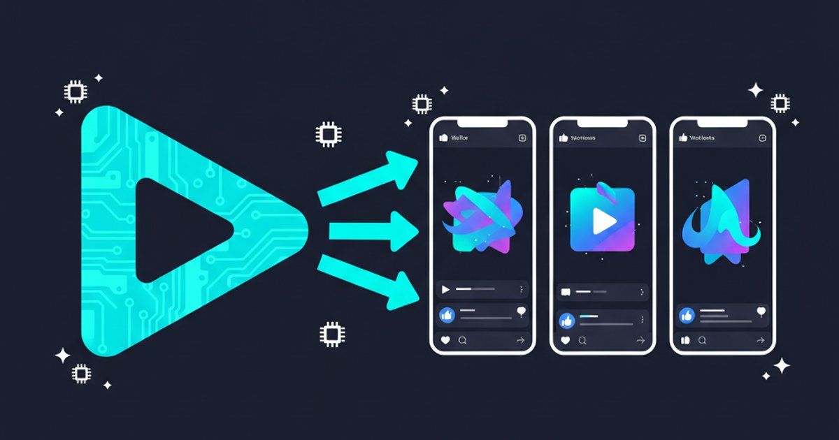 Illustration of AI-powered video generation distributing content to TikTok, Instagram Reels, and YouTube Shorts