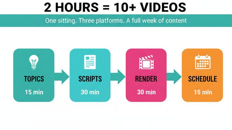 Infographic showing the four-stage video batching framework: Topics (15 min), Scripts (30 min), Render (30 min), Schedule (15 min) totalling 2 hours for 10+ videos
