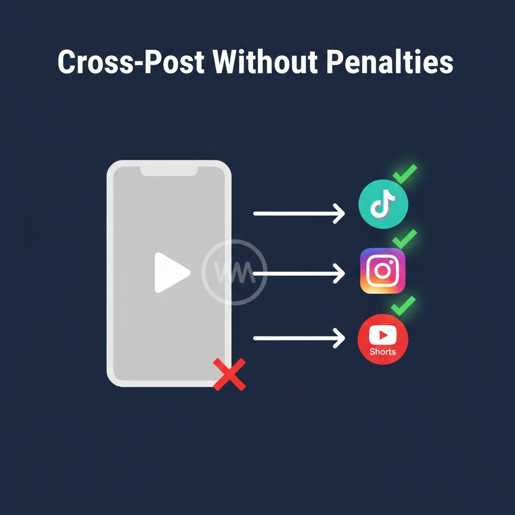 Illustration showing a video being cross-posted to TikTok, Instagram Reels, and YouTube Shorts with watermark penalty warning