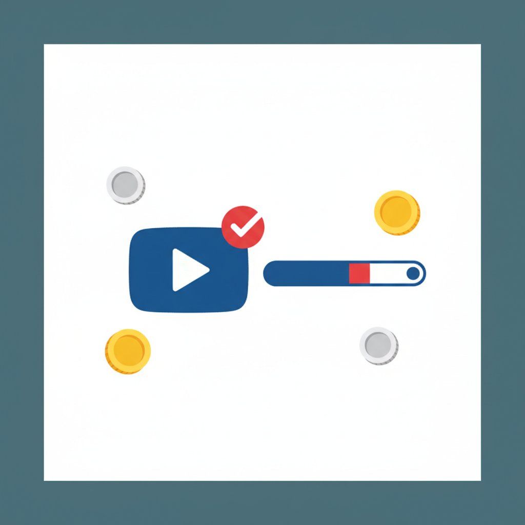 Illustration showing YouTube Shorts monetisation requirements with a play button checkmark and revenue indicators