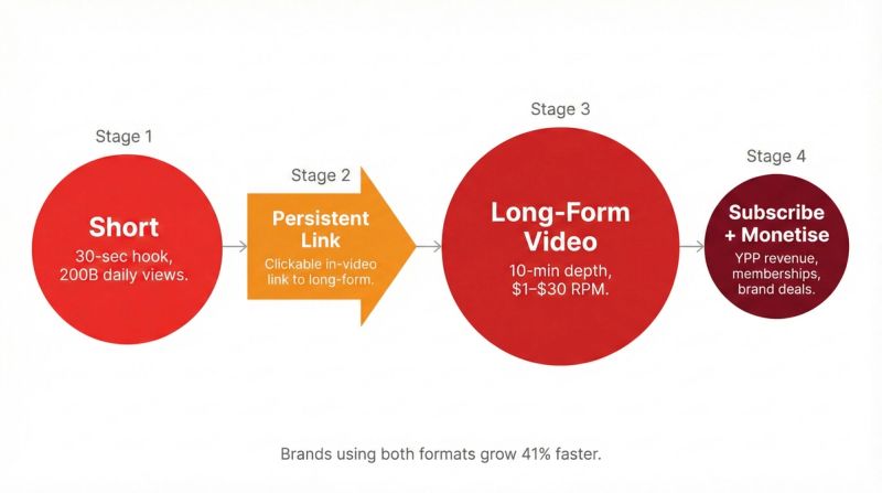 YouTube Shorts to long-form content funnel showing how Shorts drive discovery and long-form drives monetisation
