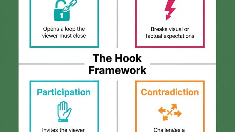 Infographic showing the four hook types for faceless video: Tension, Surprise, Participation, and Contradiction