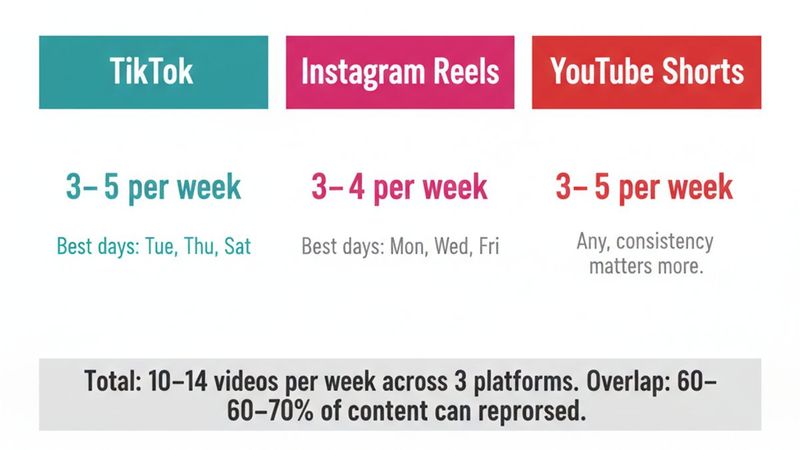 Infographic showing the minimum viable posting schedule for TikTok, Instagram Reels, and YouTube Shorts