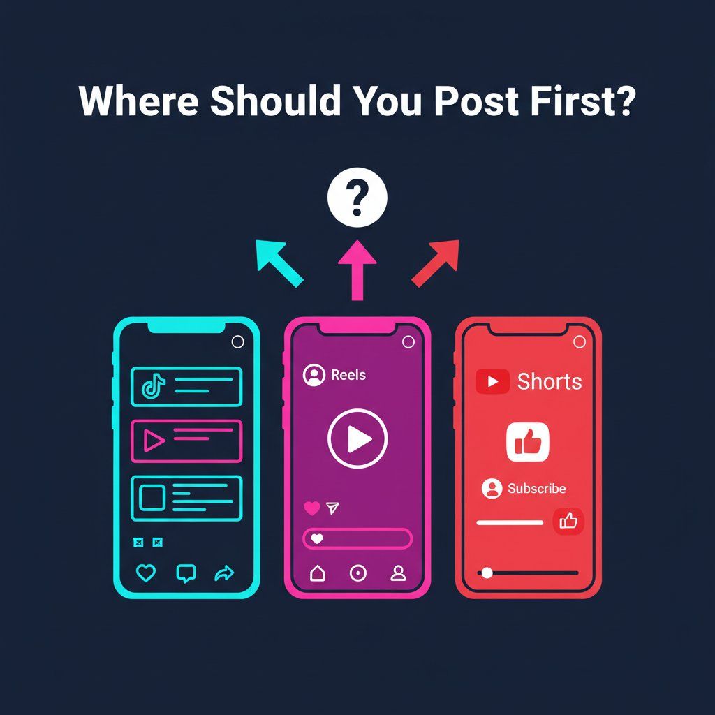 Illustration of three phone screens showing TikTok, Instagram Reels, and YouTube Shorts with a question mark asking where to post first