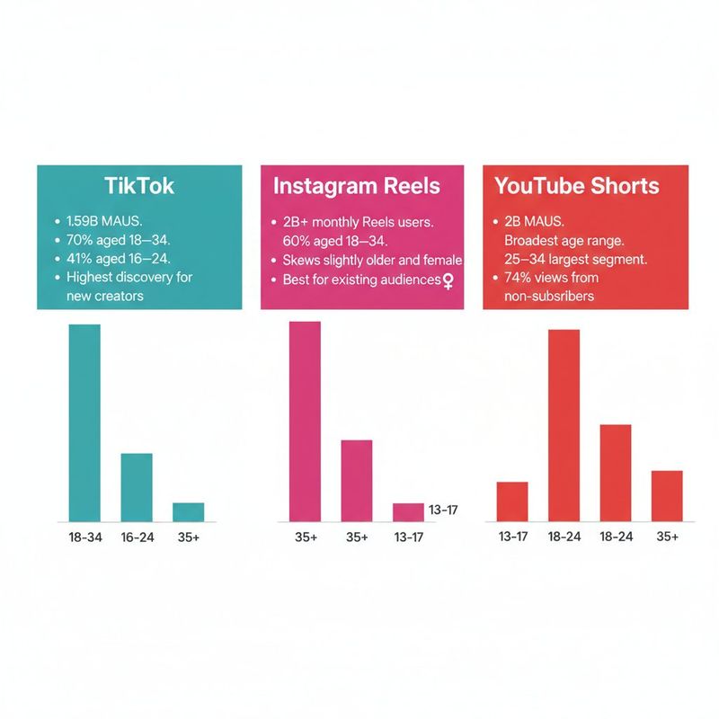 Infographic comparing demographics across TikTok, Instagram Reels, and YouTube Shorts in 2026