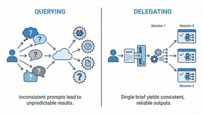 Text: Side-by-side comparison of ad hoc AI querying producing inconsistent outputs versus structured delegation with a reusable brief producing consistent outputs