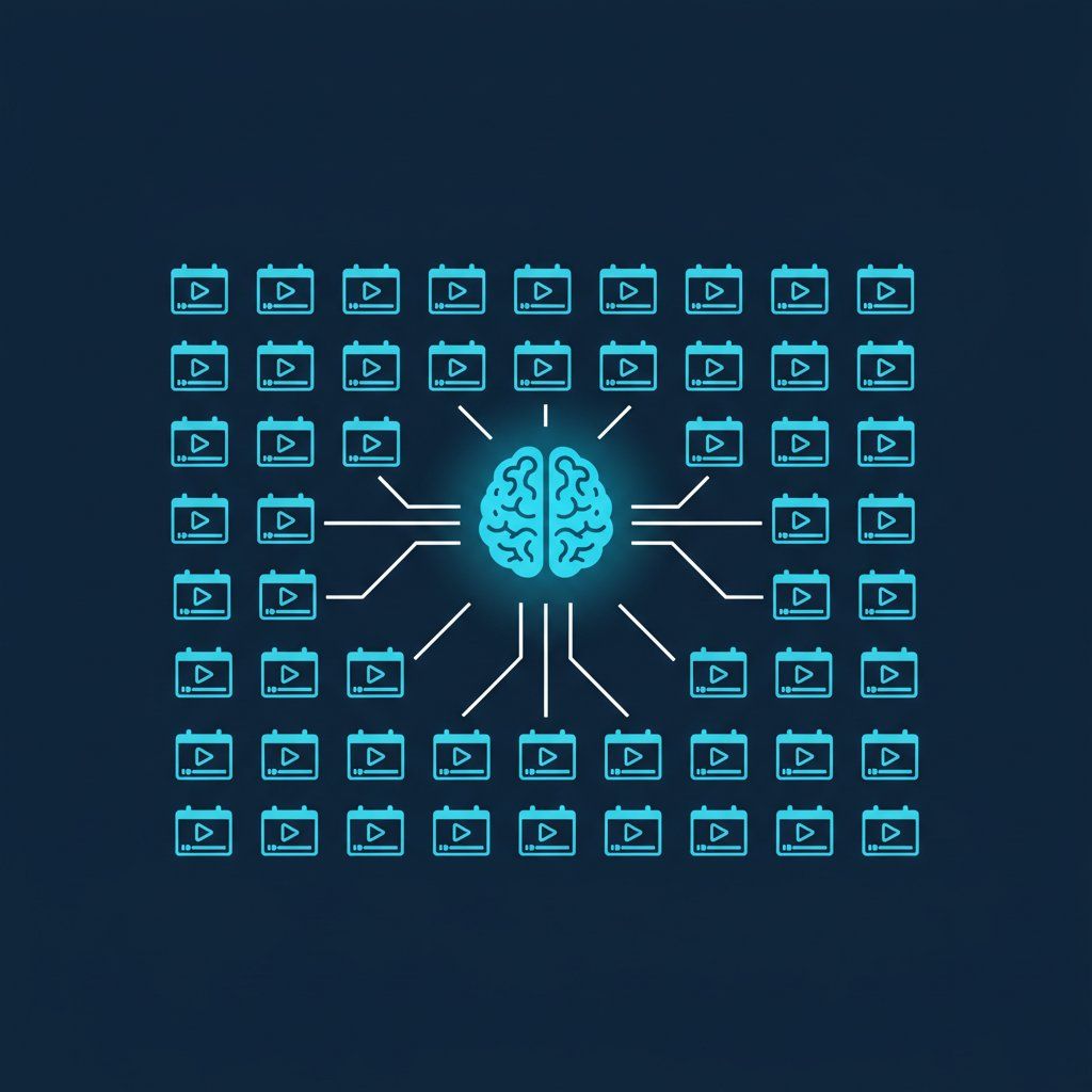 Brain icon connected to 30 video thumbnails in a calendar grid representing one month of AI-generated video content from expertise