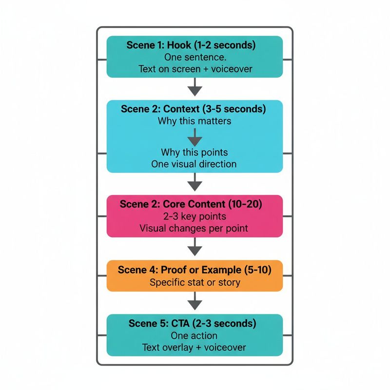 Flowchart showing five-scene structure for short-form video scripts: hook, context, core content, proof, and call to action