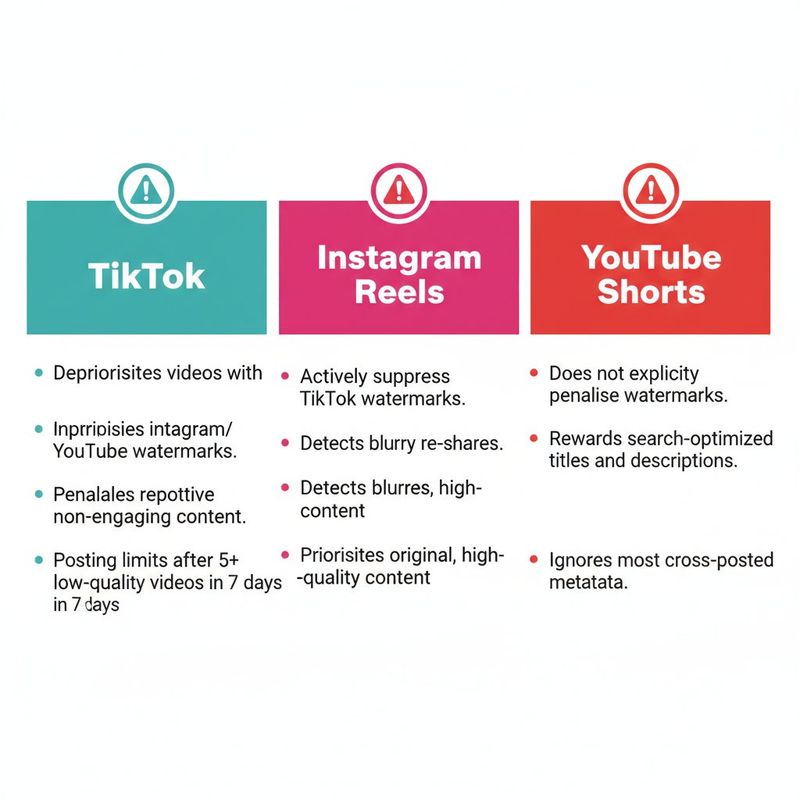 Infographic showing watermark and cross-posting penalty rules for TikTok, Instagram Reels, and YouTube Shorts in 2026
