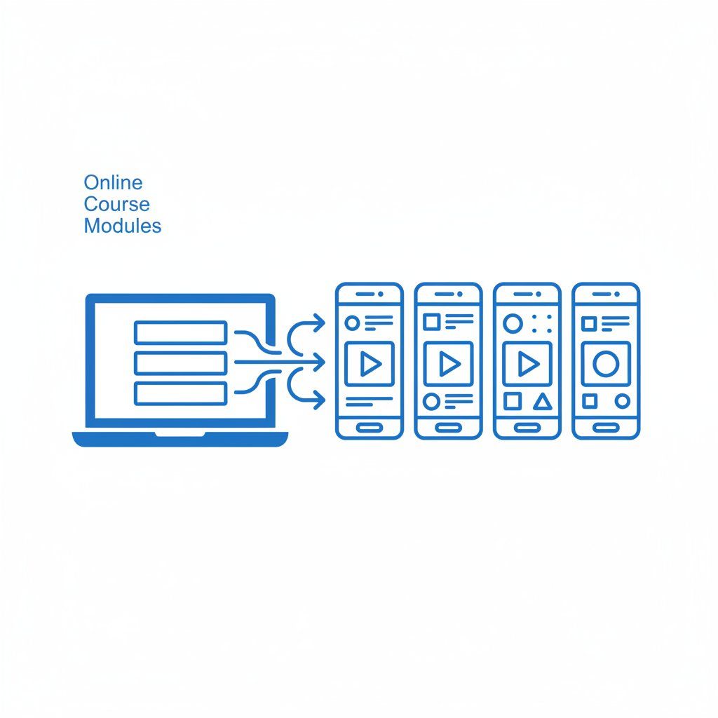 Course modules flowing into short-form social media videos through an AI video pipeline