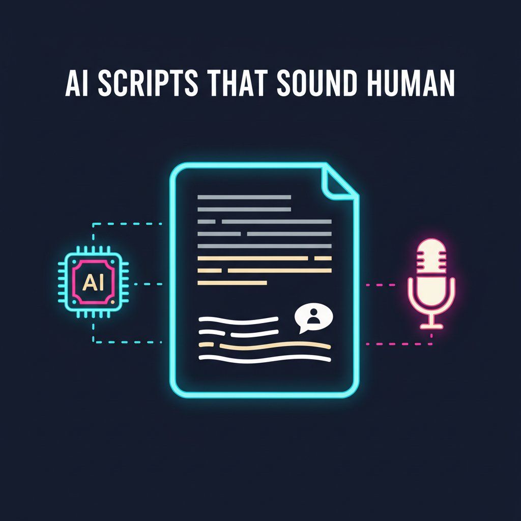 Illustration of an AI-generated script transforming from robotic text to human-sounding conversational script with voiceover microphone
