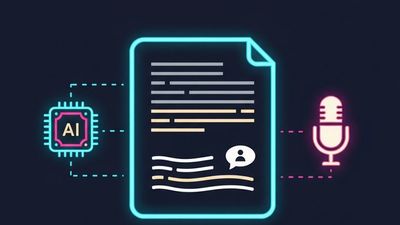 Illustration of an AI-generated script transforming from robotic text to human-sounding conversational script with voiceover microphone