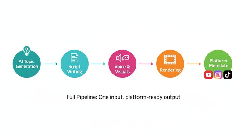 Diagram showing the five stages of a full AI video generation pipeline from topic to platform-ready output