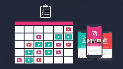 Illustration of a monthly content calendar with colour-coded cells for TikTok, Instagram Reels, and YouTube Shorts video scheduling