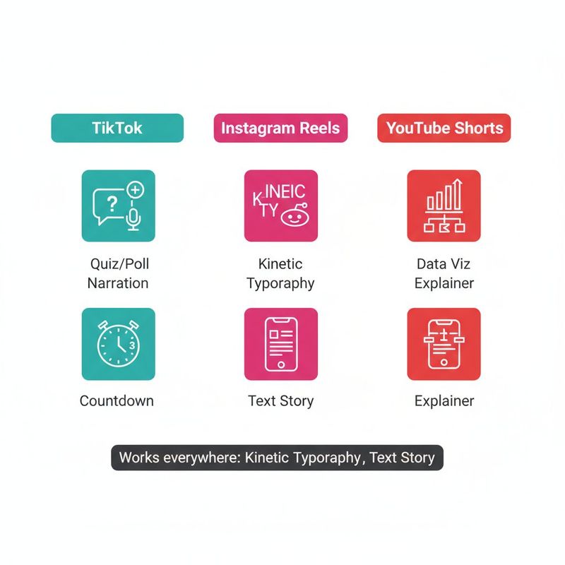 Infographic matching faceless video formats to their best-performing platforms across TikTok, Reels, and YouTube Shorts