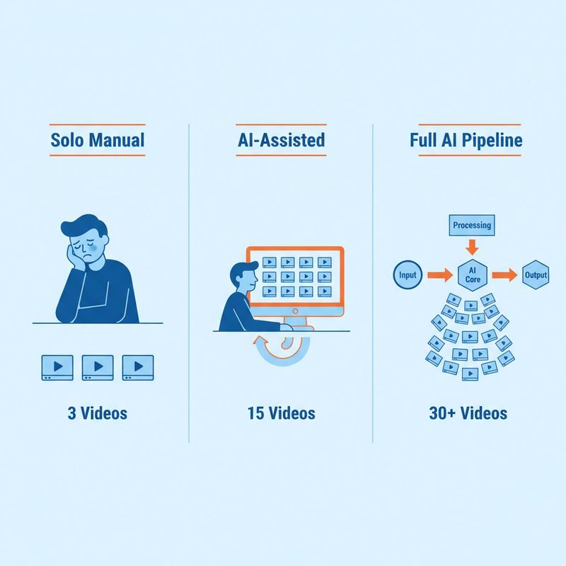 Comparison infographic showing content output levels for solo manual creators versus AI-assisted and full AI pipeline workflows