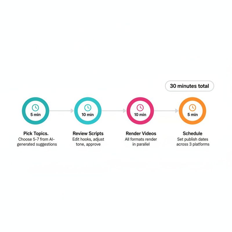 Timeline infographic showing the 30-minute Monday workflow for coaches: pick topics, review scripts, render videos, schedule across platforms