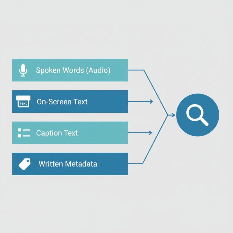 Four SEO signal layers indexed from short-form video: spoken words, on-screen text, captions, and metadata