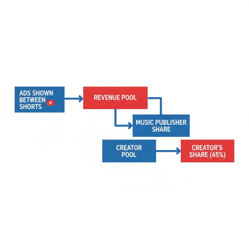 Diagram showing how YouTube Shorts ad revenue flows from the ad pool through music licensing splits to the creator 45 percent share
