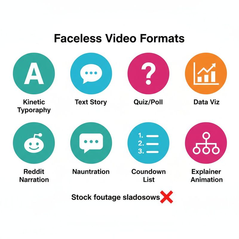 Grid infographic showing seven faceless video formats with icons and a stock footage slideshow crossed out