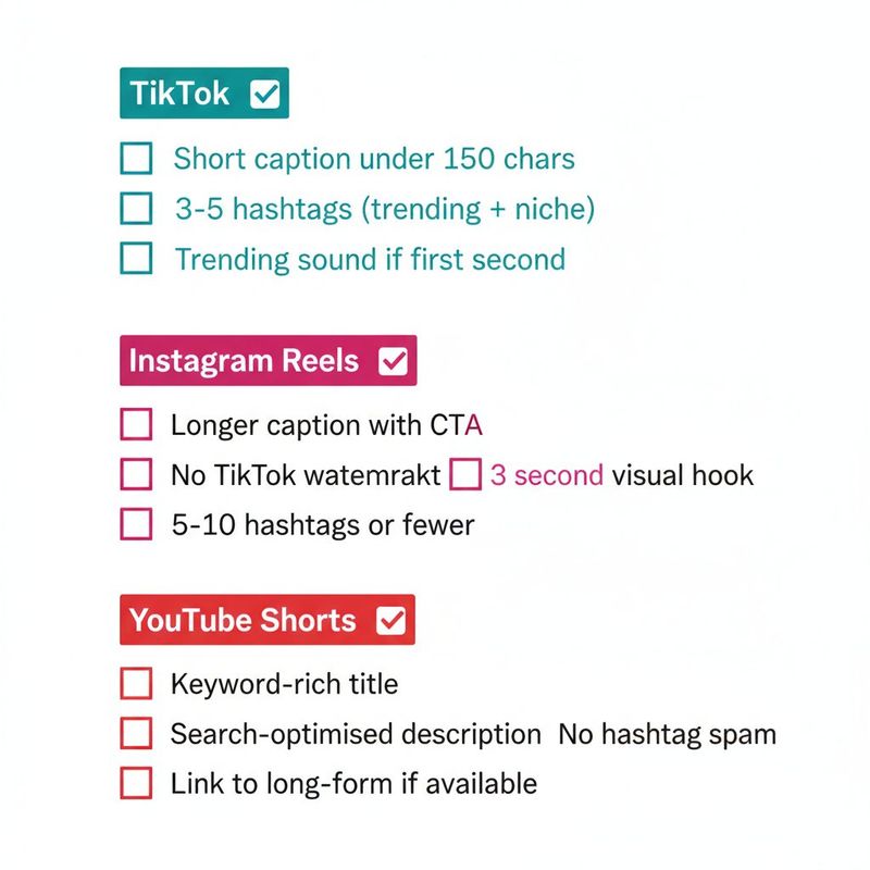 Per-platform cross-posting checklist for TikTok, Instagram Reels, and YouTube Shorts with caption, hashtag, and metadata requirements