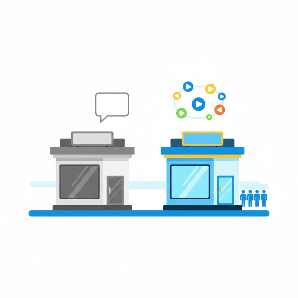 Illustration comparing an inactive business with no video presence to an active competitor with consistent video content