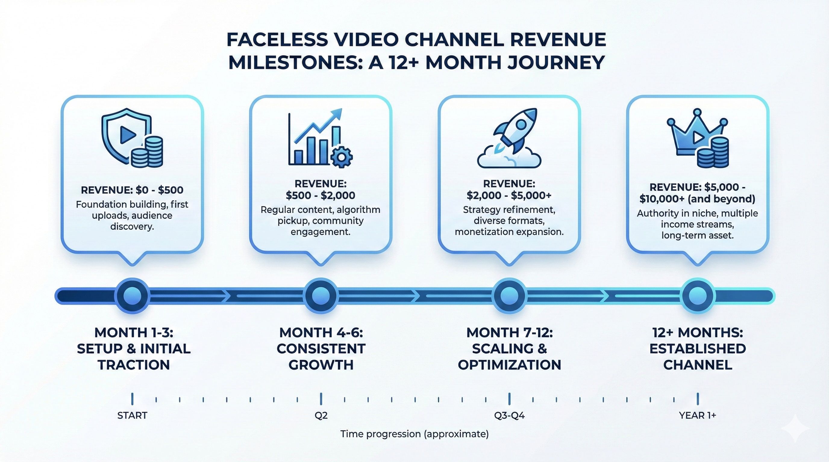 Faceless video channel revenue timeline showing expected monthly earnings from $0 at launch to $5,000–$30,000+ after 12 months of consistent publishing.