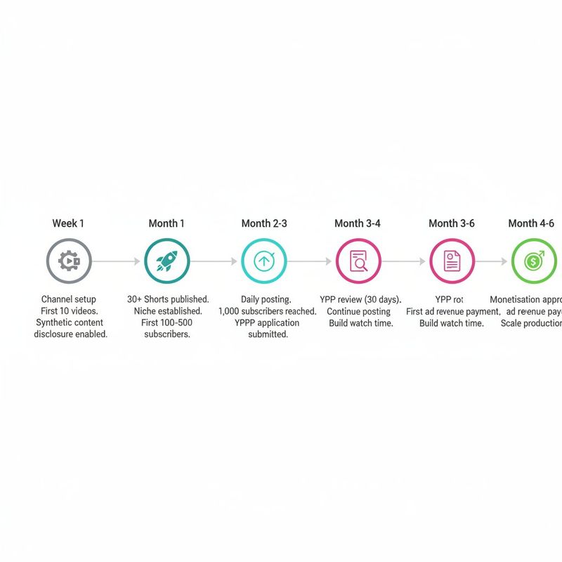 Timeline showing the path from channel setup to first YouTube ad revenue payment for a faceless Shorts channel over 4 to 6 months